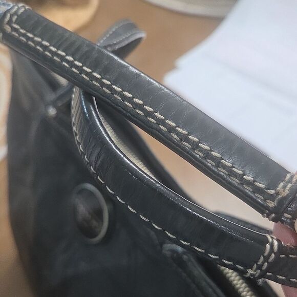 COACH Black Patent Leather Signature Stripe Tote Shoulder Bag (F15142) - Picture 5 of 9